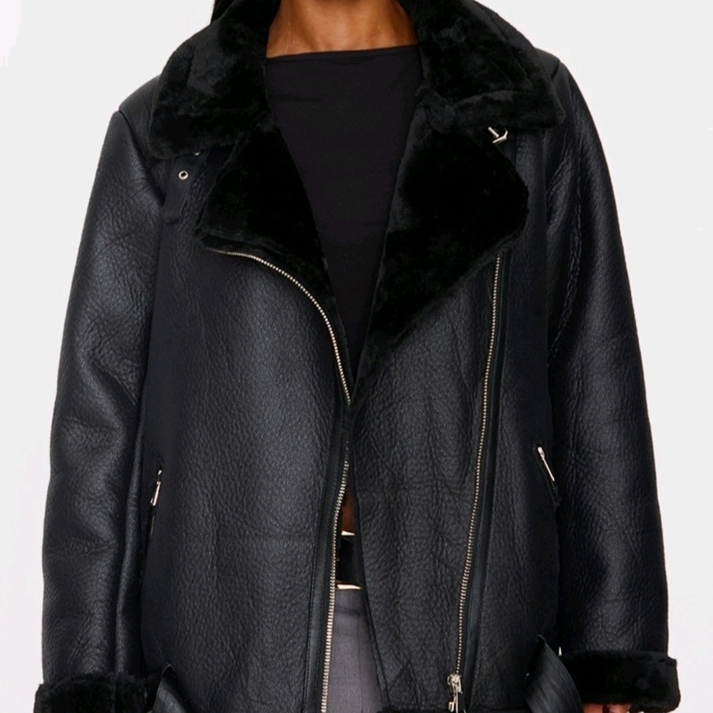 PRETTY LITTLE THING Women's Black Oversized Aviator Jacket Faux Leather SIZE 4